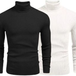Men Solid High Neck Black, White Sweater-image-27
