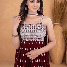 PARROT CREATION Embroidered A-Line Sequinned Georgette Kurti With Sharara And Dupatta image 5