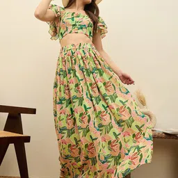 SASSAFRAS Floral Printed Crop Top With Maxi Skirt Co-Ords-image-67