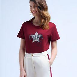 U.S. Polo Assn. Women Embellished Solid Pure Cotton T-shirt-image-61