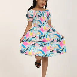 ZION Girls Printed Smocked Cotton Fit & Flare Dress-48