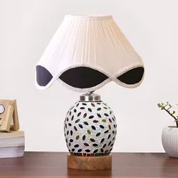 Devansh Off White Printed Wooden Frustum Shaped Table Lamp With Mosaic Glass Base-6