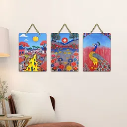 ArtVibes Red & Blue 3 Pieces Colors of Rural India Printed Wooden Hanging Wall Arts-image-15