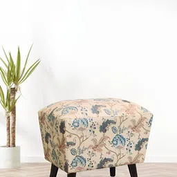 GLOBALLY INDIAN Beige & Blue Printed  Wooden Rectangular Puff Ottoman-picture-29