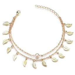DressBerry Gold-Plated Leaf Design Multi Layer Pearls Beaded Anklet-image-84