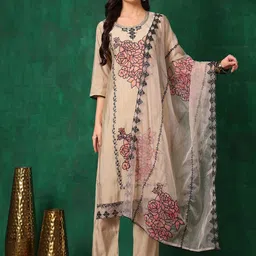 Berrylicious Floral Embroidered Chanderi Cotton Straight Kurta with Trousers & Dupatta-image-89