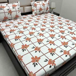 Pure Decor Orange & White Floral 300 TC Queen Bedsheet with 2 Pillow Covers-picture-18