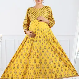 MomsBae Women Maternity Floral Print Round Neck Fit & Flare Maxi Cotton Dress-50