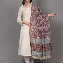 Exotic India Floral Printed Kalamkari Linen Dupatta-15
