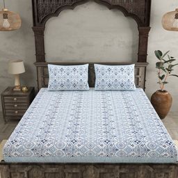 JAIPUR FABRIC Blue & White Ethnic Motifs 144 TC King Bedsheet with 2 Pillow Covers-image-55