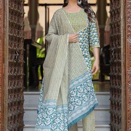 KALINI Women Ethnic Motifs Printed Regular Sequinned Pure Cotton Kurta with Palazzos & With Dupatta-8