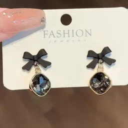 DressBerry Set Of 2 Rhodium-Plated Artificial Stones Studded Diamond Shaped Drop Earrings-13