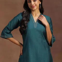Libas Striped V-Neck Bell Sleeves Zari Straight Kurti-picture-40