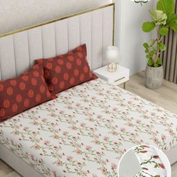 Pure Decor Pearl White & Red Printed Cotton 180 TC Fitted King Bedsheet Set 1.93 x 1.82 m-picture-49