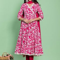 HERE&NOW Women Floral Printed Angrakha Pure Cotton Kurta with Trousers & Dupatta-21