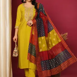 KALINI Ethnic Motifs Yoke Design Straight Kurta with Trousers & Dupatta-picture-4
