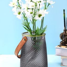 Myntra Elegant Homes Grey & Brown Textured Glass Lantern Flower Vase With Handle-4