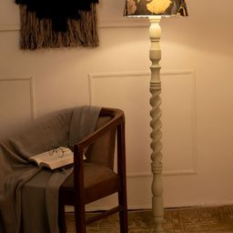 green girgit Olive Green & Brown Printed Wooden Cylinder Shaped Floor Lamp-31