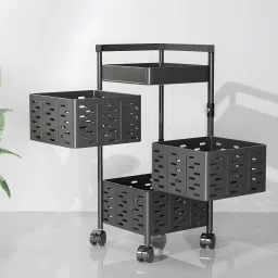 3-Layer Kitchen Trolley With 360 Rotation For Bathroom, Bedroom (Black) Steel Kitchen Trolley-44