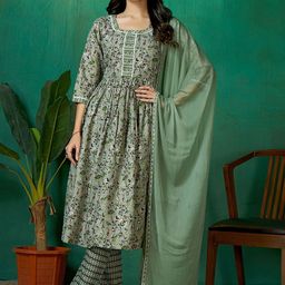DIVASTRI Women Ethnic Motifs Printed Pure Cotton Anarkali Kurta with Trouser & Dupatta-image-19