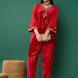 Noh.Voh - SASSAFRAS Kids Girls Geometric Embroidered Mirror Work Velvet Kurti With Trouser-picture-43