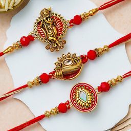 eCraftIndia Set Of 3 Stone Studded Krishna Design Thread Rakhi-11