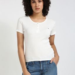Tommy Hilfiger Women Self Design Henley Neck Cotton Slim Fit T-shirt-image-79