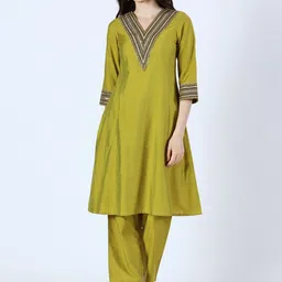 Saffron Threads Geometric Embroidered Mirror Work A Line Kurta with Trousers-image-93