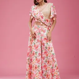 Koskii Embroidered V-Neck Top With Palazzo Co-ords-picture-1