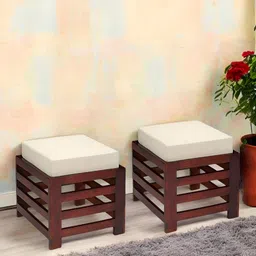 Ikiriya 2-Pcs Off White & Brown Square Wooden Stool with Jute Cushion-26
