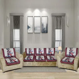 Aura Maroon & White 6 Pieces Floral Printed 5 Seater Sofa Covers-17