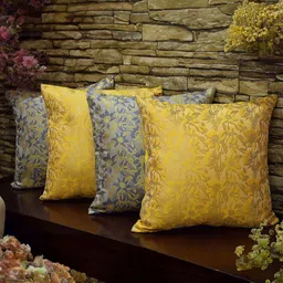 RoyalDeco Bageecha Grey & Yellow 4 Pieces Ethnic Motifs Brocade Silk Square Cushion Covers-picture-40