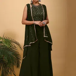 SANCIA Geometric Embroidered Halter Neck Sequinned Crop Top With Palazzos & Dupatta-13