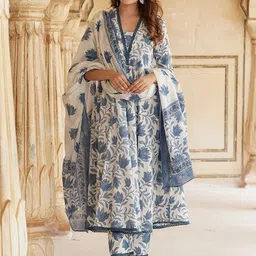 KALINI Floral Printed Pleated Pure Cotton Kurta With Trousers & Dupatta-34