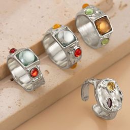 LULU & SKY Set Of 4 Silver-Plated Stone Studded Finger Rings-image-89