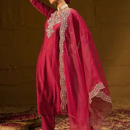 Indo Era Women Ethnic Motifs Embroidered Regular Liva Kurta with Trousers & With Dupatta-35