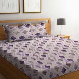 Myntra Elegant Homes White & Blue Geometric Printed Flat 400 TC Cotton King Bedsheet with 2 Pillow Covers-image-64