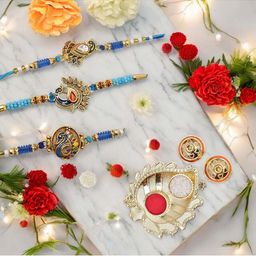MEIRA JEWELLERY 5 Pcs Peacock Design Rakhi With Greeting Card & Roli Chawal-image-63