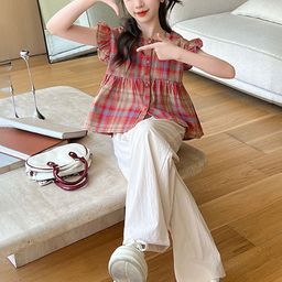 LULU & SKY Checked Flutter Sleeve Cotton Top image 4