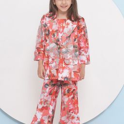 Aj DEZInES Girls Floral Printed Notch Lapel Collar Pure Cotton Top with Trouser & Blazer-image-44
