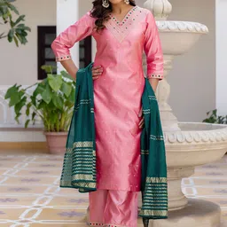 SKYLEE Geometric Woven Design V-Neck Thread Work Straight Kurta With Palazzo And Dupatta-picture-12