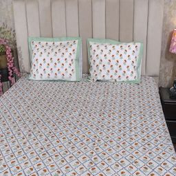 Hawamahal White & Blue Floral 350 TC King Bedsheet with 2 Pillow Covers-45