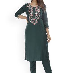 G4Girl Women Ethnic Motifs Yoke Design Regular Thread Work Kurta with Pyjamas-image-11