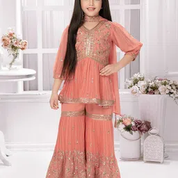 Tiny Kingdom Girls Floral Embroidered V-Neck Empire A-Line Kurti With Sharara & Dupatta-picture-36