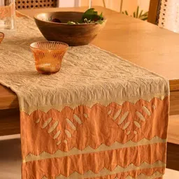 Peepul Tree Taupe & Rust Pure Cotton Self Designed Table Runner-16