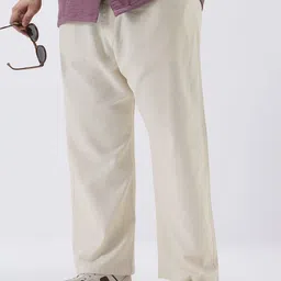 Urbano Plus Men Cream Loose Fit Solid Linen Blend Trousers Non-Stretchable-image-48