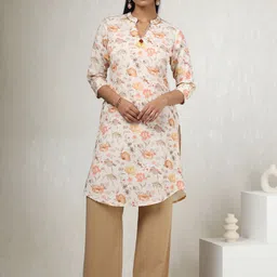 Soch Floral Printed Mandarin Collar Cotton Linen Straight Kurta-picture-24