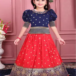 Lagorii Girls Woven Design Puffed Sleeves Mirror Work Silk Ready to Wear Lehenga & Blouse-31
