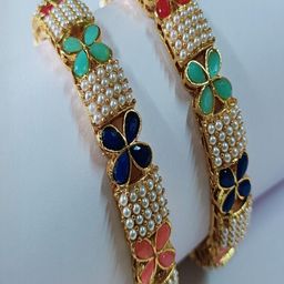 Khetlazee Women Set of 2 Gold-Plated Pearl Studded & Multi-Coloured Stone Patterned Bangle-image-81
