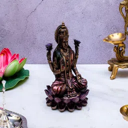 Craftlayout Metallic-Toned & Pink Laxmi Statue Sitting On Lotus Religious Idol Showpiece image 5